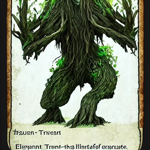Image similar to giant green old treant creature, elven treant made of leaves and roots, old elven treant, old humanoid ents, old humanoid treant, epic fantasy style, green theme, forest background, hearthstone artwork