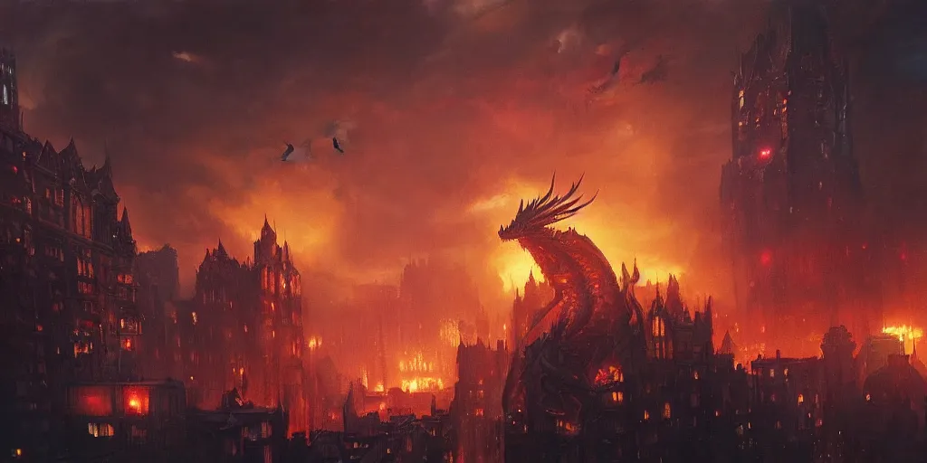 Image similar to an oil painting of dark fantasy dragon attacking a city, volumetric lighting, moody, creepy, by greg rutkowski, trending on artstation