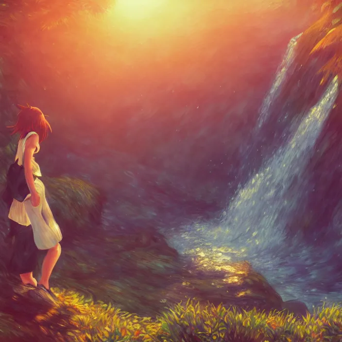 Prompt: an epic makoto shinkai and renoir landscape of a hawaiian waterfall, golden hour, 🌺. a brown haired woman playing a guitar. ultra smooth, lois van baarle, ilya kuvshinov, unreal engine, blender, trending on artstation, suntur, caleb worcester, highly detailed, photorealism, bloom effect 8 k