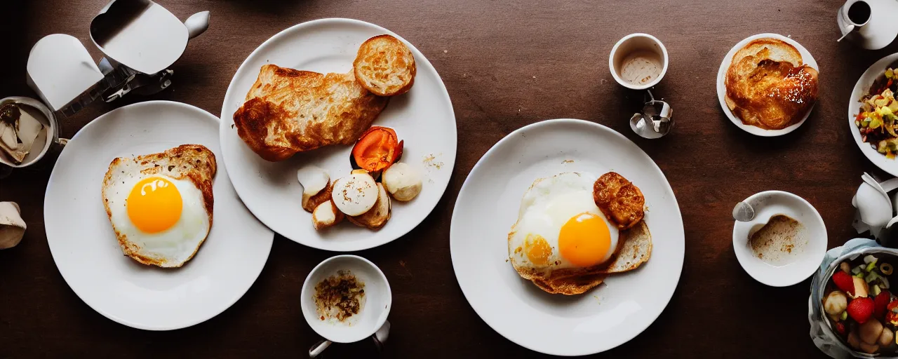 Prompt: breakfast, authentic, zeiss, 3 5 mm, food photography, isometric, tasty, wide shot, studio, gmaster, cooking, food, kodak, sony, canon