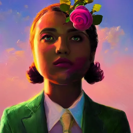 Image similar to closeup, large rose flower under head, frontal, girl in a suit, surreal photography, sunrise, dramatic light, impressionist painting, digital painting, artstation, simon stalenhag