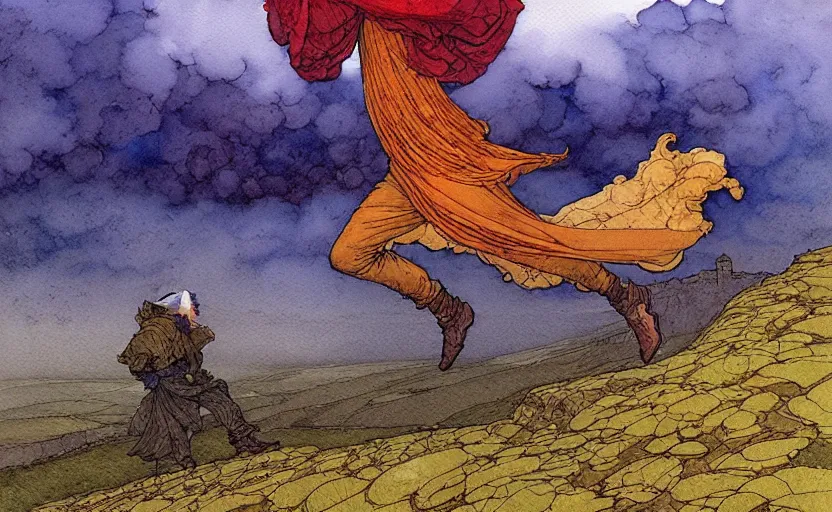 Image similar to a hyperrealist watercolour concept art of a flying brick. it is a misty night on the moors of ireland. by rebecca guay, michael kaluta, charles vess and jean moebius giraud