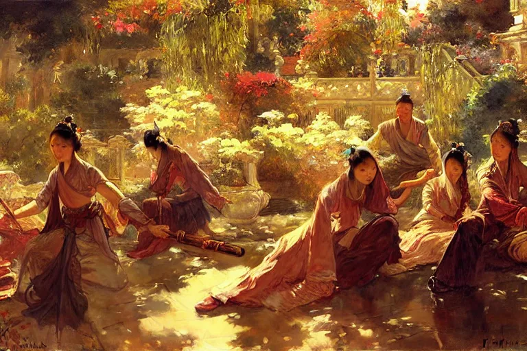 Image similar to wuxia, autumn, people rest in the garden, painting by gaston bussiere, craig mullins, j. c. leyendecker