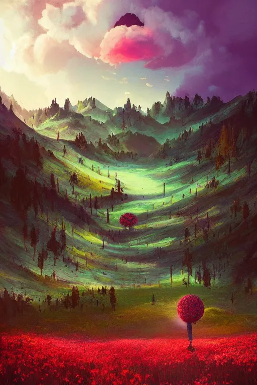 Image similar to giant daisy flower head, in the mountains, surreal photography, sunrise, dramatic light, impressionist painting, colorful clouds, digital painting, artstation, simon stalenhag