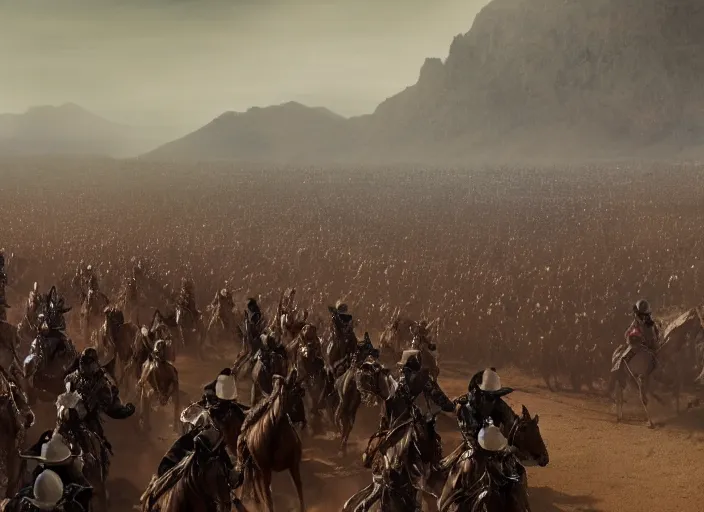 Prompt: cinematic wide shot of hundreds of cowboy outriders on horseback wearing suits of armor and cowboy hats riding into battle against the enemy, by Greg Rutkowski, 4k, masterpiece