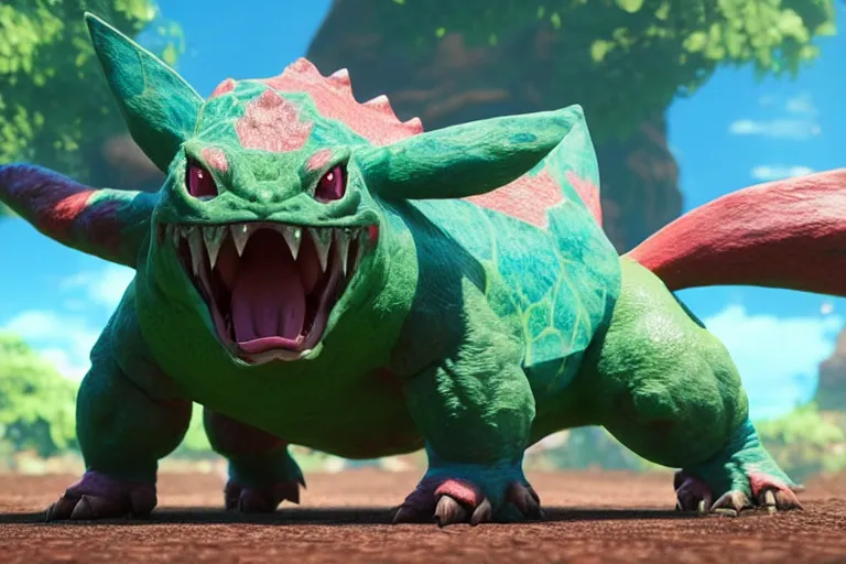 Prompt: game screenshot of the pokemon venusaur from monster hunter world ( 2 0 2 0 ), capcom, octane render, blender, cgsociety, maya, flawless masterpiece