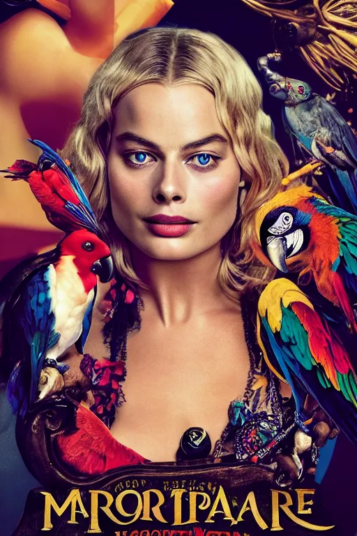 Prompt: margot robbie as a sexy tattooed pirate with a parrot, movie poster, amazing detail, 8k resolution