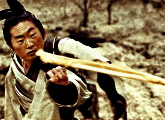 Prompt: a movie still of a samurai slicing through a loaf of bread, a movie by Akira Kurosawa