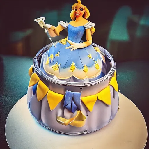 Prompt: high resolution photo of a cinderella cake, michelin star, very tasty, food photography, instagram, trending