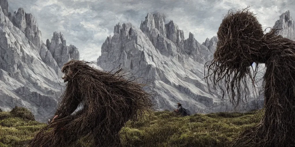 Image similar to alpine farmer transforming into a monster ,roots and hay coat, dolomites in background, dark, eerie, despair, portrait photography, artstation, digital art, concept art, artstation, highly detailed, sharp focus, by caravaggio