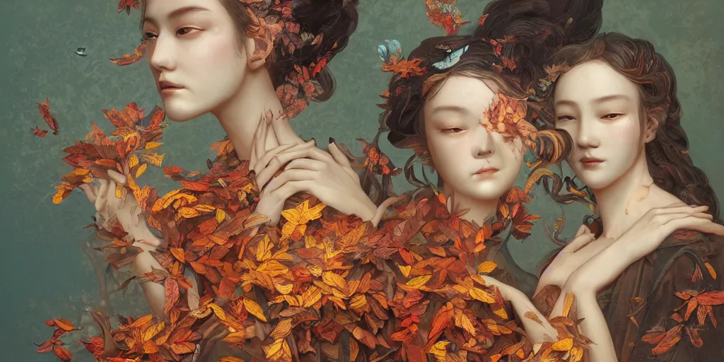 Image similar to breathtaking detailed concept art painting blend of two goddess of autumn leaves by hsiao - ron cheng with anxious piercing eyes, vintage illustration pattern with bizarre compositions blend of flowers and fruits and birds by beto val and john james audubon, exquisite detail, extremely moody lighting, 8 k