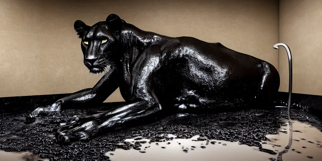 Prompt: a black lioness made of tar, bathing inside the bathtub full of tar, laying on their back, dripping ferrofluid, drooling ferrofluid. dslr, photography, realism, animal photography, modern bathroom, photorealistic, v - ray, goo, tar
