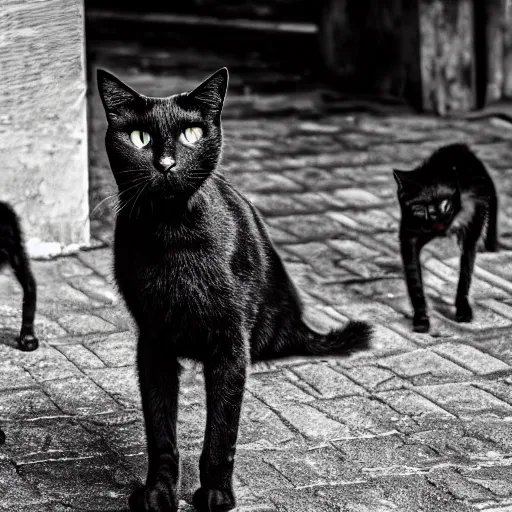 Prompt: In an old house area, a group of black cat with red eyes, the scene is dark, old black and white photo,50 mm, hyper-realistic, 8K HDR.