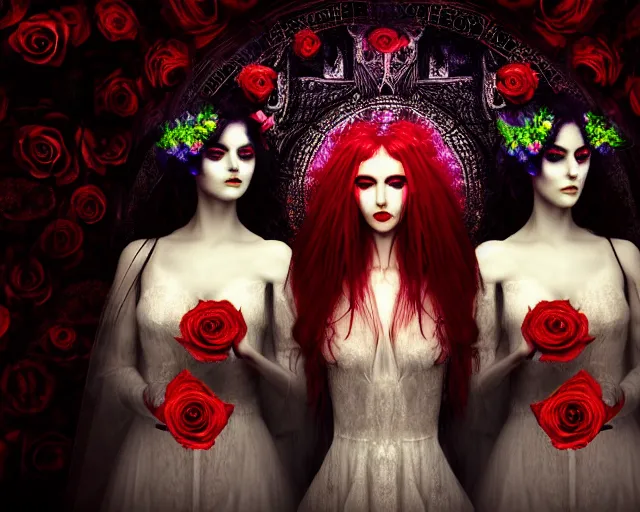 Image similar to three stunning otherworldly gothic goddesses with beautiful angelic faces, wearing psychedelic wicca, in wedding dresses, red neon roses, full body, dark and mysterious, atmospheric, ominous, eerie, cinematic light, epic, 8 k 3 d, ultra detail, ultra realistic, by wlop, by mucha