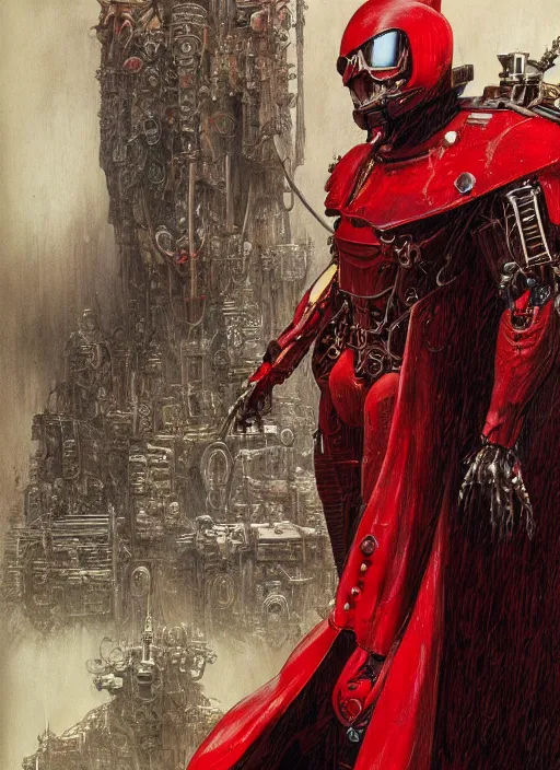 Image similar to portrait of rotten Tom Cruise as adeptus mechanicus in red hood and robe from Warhammer 40000. Highly detailed, artstation, illustration by and John Blanche and zdislav beksinski and wayne barlowe and Gustav Klimt