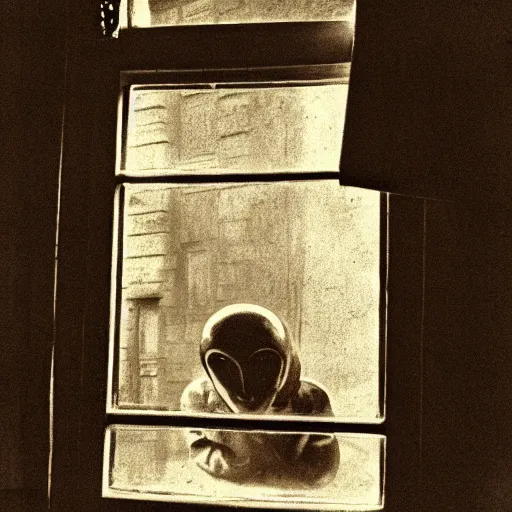 Image similar to a real photo of an alien looking through a window, realistic, vintage photo, old photo, sepia, grainy