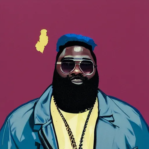 Prompt: Painting of Rick Ross by Sachin Teng :4 , asymmetrical, Matte Painting , smoke, geometric shapes, marijuana, hard edges, energetic, graffiti, street art:2 Masterpiece, high detail, by Sachin Teng:4