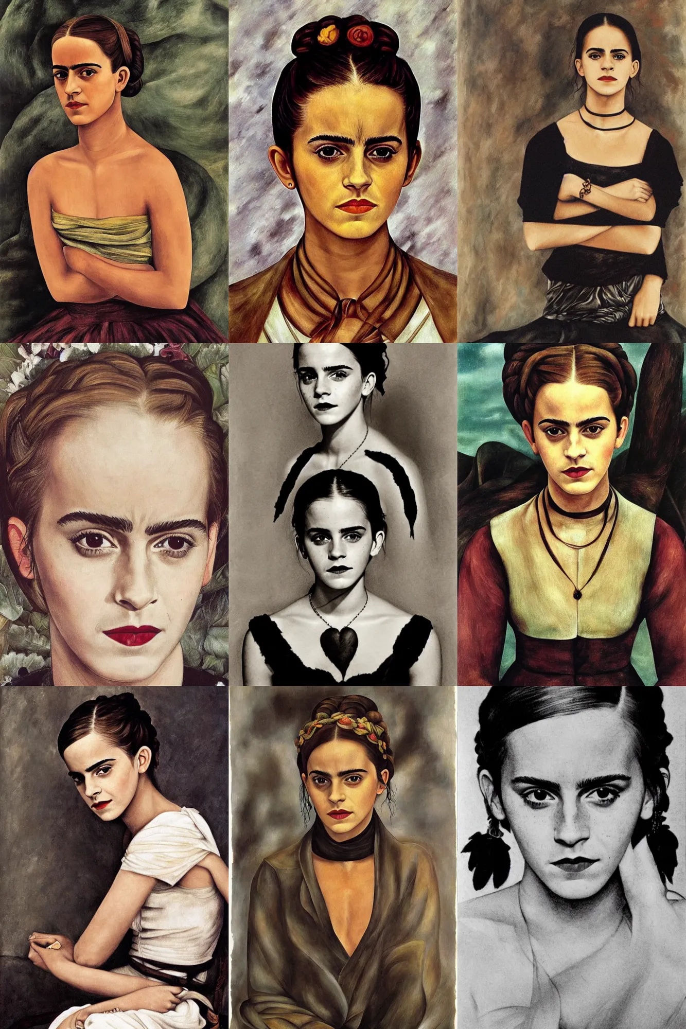 Prompt: Emma Watson, portrait by Frida Kahlo