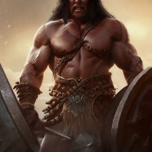 Image similar to conan the barbarian in diablo 3, au naturel, hyper detailed, digital art, trending in artstation, cinematic lighting, studio quality, smooth render, unreal engine 5 rendered, octane rendered, art style by klimt and nixeu and ian sprigger and wlop and krenz cushart