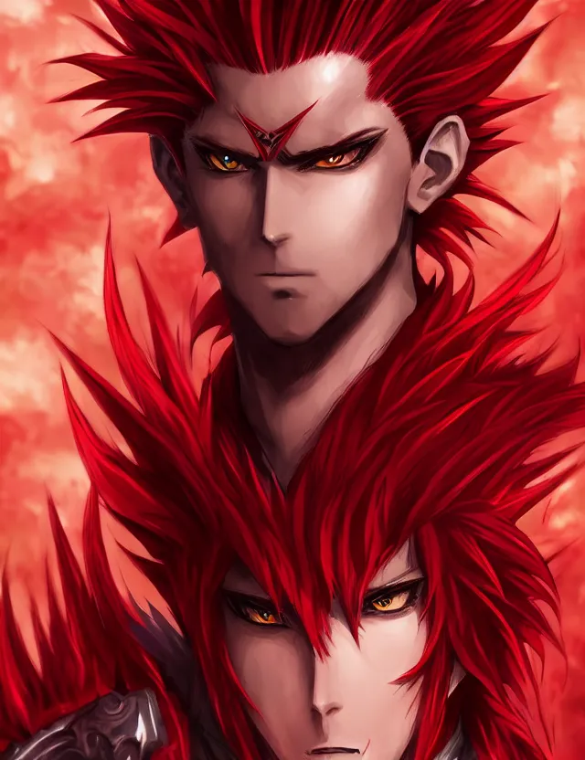 Prompt: a detailed manga portrait of a handsome tall man with spiked crimson hair in fiery crimson crystalline armour, trending on artstation, digital art, 4 k resolution, detailed, high quality, sharp focus, hq artwork, coherent, insane detail, character portrait