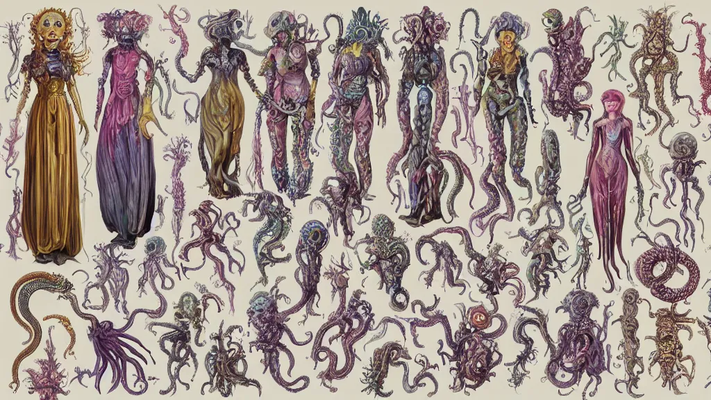 Image similar to highly detailed colorful character sheet for a stocky alien extraterrestrial victorian female servant maid with thick snake - like tentacles instead of hair, long dress with apron, ernst haeckel, jim henson creature shop, coherent, illustration, digital art, trending on artstation, hd, 8 k, good lighting, beautiful, rough paper, masterpiece