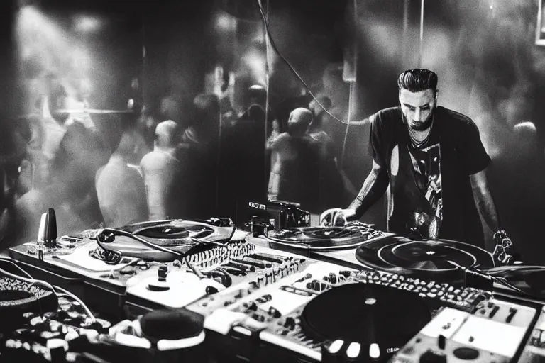 Image similar to gigachad as a dj, black and white photography, highly detailed