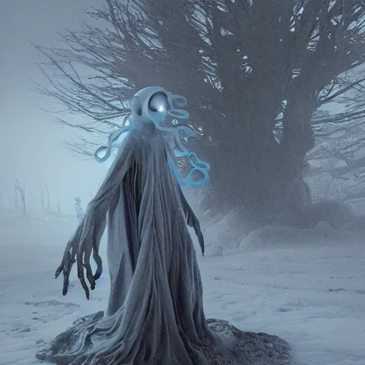 Prompt: an ethereal ghostly wraith like figure with a squid like parasite latched onto its head and long tentacle arms that flow lazily but gracefully at its sides like a cloak while it floats around a frozen rocky tundra in the snow searching for lost souls and that hides amongst the shadows in the trees, this character has hydrokinesis and electrokinesis for the resident evil village video game franchise with inspiration from the franchise Bloodborne as a real muppet from sesame street, photo realistic, photography, sesame street