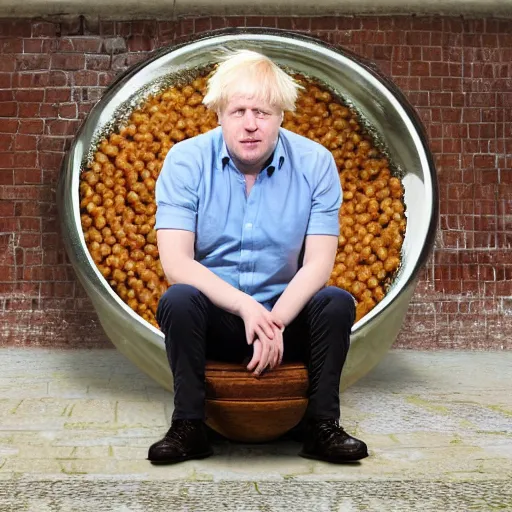 Prompt: full body photo of Boris Johnson sitting in a large bowl of baked beans