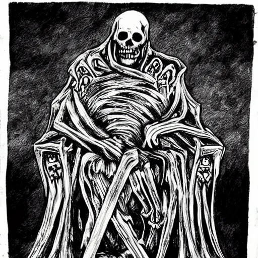 Prompt: “ undead lich on a throne made of bone, hyperdetailed, doom, menacing, supernatural ”