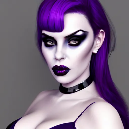 Image similar to portrait of a curvy feminine hot pale goth woman with elaborate elegant tight silver nylon latex and silk outfit black lipstick and purple makeup, cgsociety, realistic, highly detailed, sublime, 16k, smooth, sharp focus, ArtStation, hyperdetailed, volumetric lighting