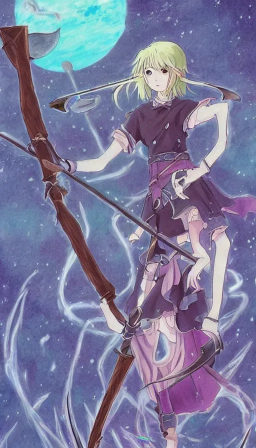 Image similar to a beautiful link drawing of the being death as a cute anime girl with a giant scythe from a studio ghibli film inspired by the death tarot card, dark vibes, pastel colors