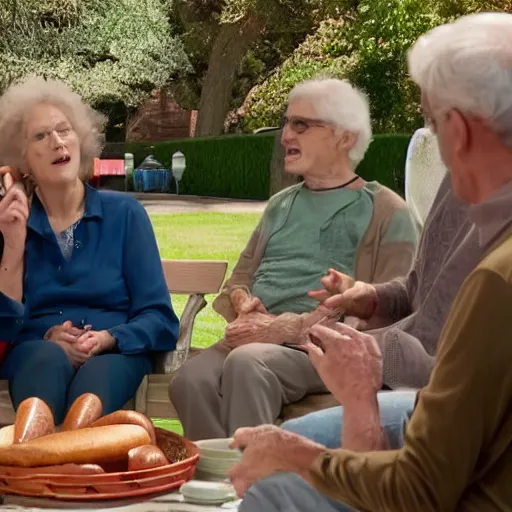 Image similar to a movie still from the antiques roadshow, old people discussing a priceless hot dog, uhd, 8k,