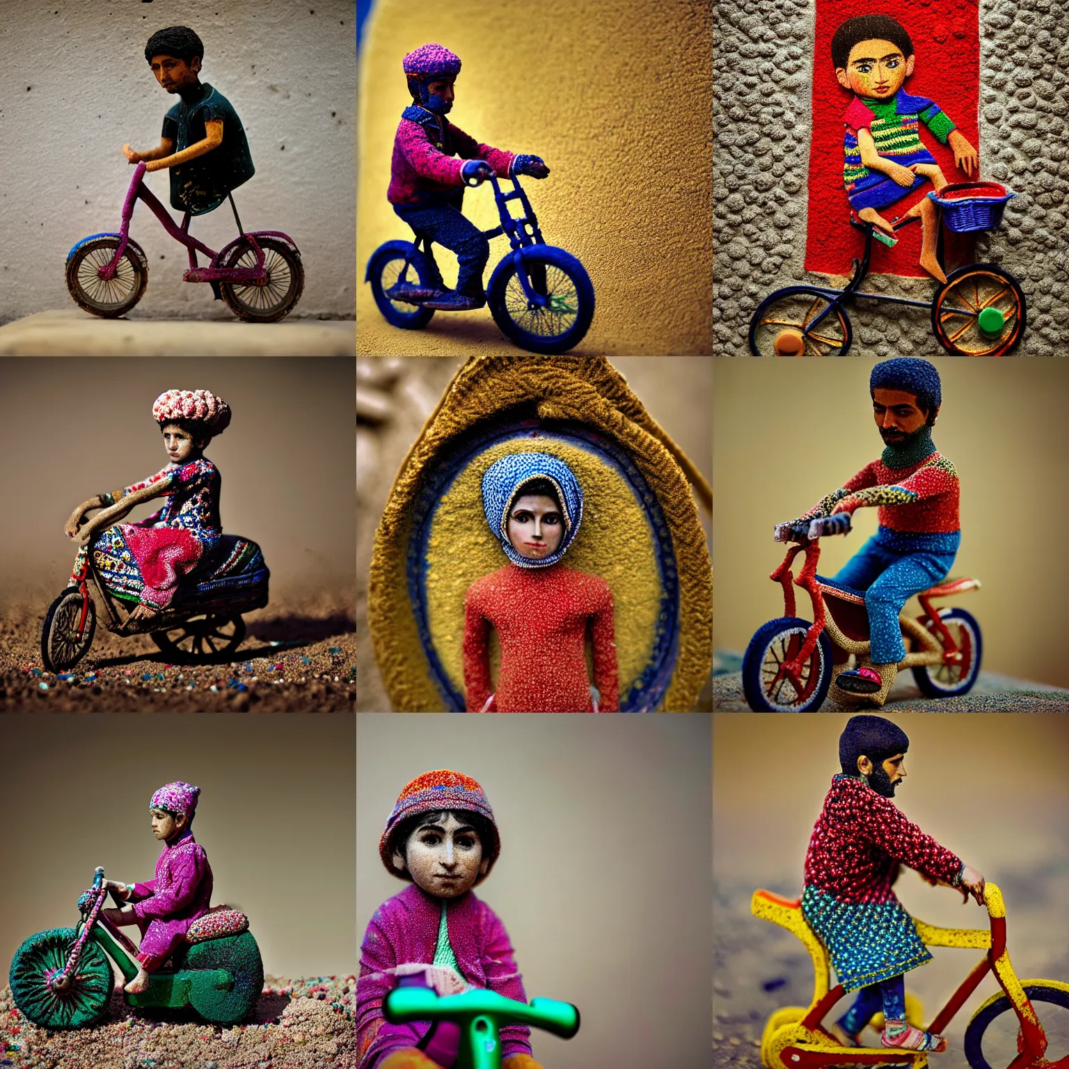 Image similar to portrait of a carpeted figurine of Iranian child on a bike, colourful, detailed, depth of field, intricate, delicate, by Jonas Jensen, Magnum photos