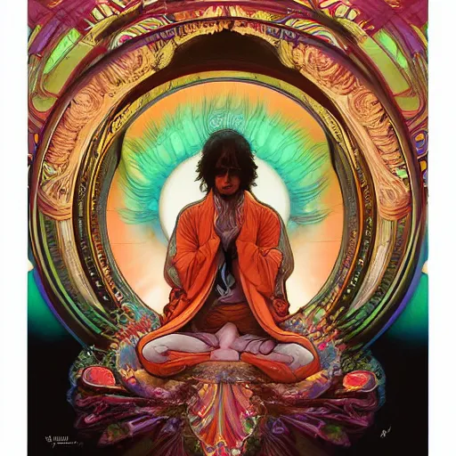 Prompt: john lennon bodhisattva, praying, prayer hands, psychedelic portrait art by artgerm and greg rutkowski and alphonse mucha