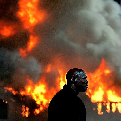 Prompt: a photo of a house burning down in the background and michael jordan with an eerie expression in the foreground, strong depth of field