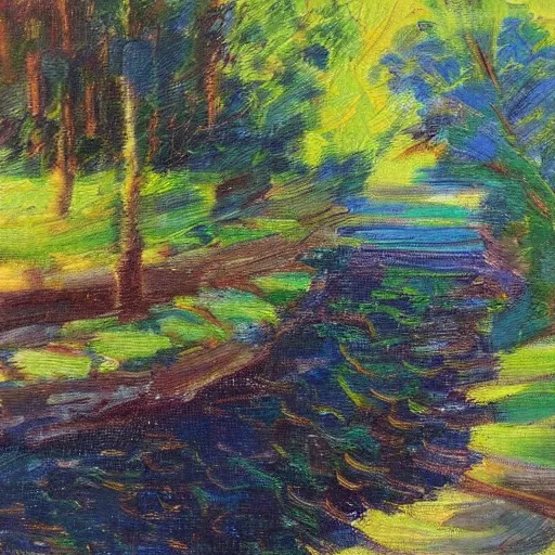 Prompt: a beautifully detailed impressionist painting of a winding river, oils on canvas