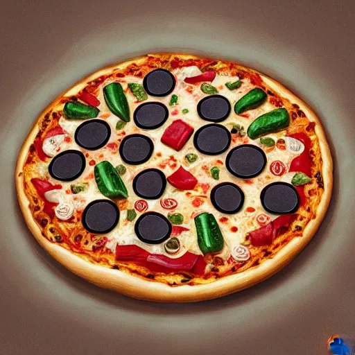 Image similar to Pizza, veggies, guitar, extremely Highly detailed, Occult, funny, humorous, humor, hilarious, funny, entertaining, magical, trending on artstationHQ, closeup, D&D, intricate, elegant, highly detailed, digital painting, artstation, concept art, matte, sharp focus, illustration, surrealism