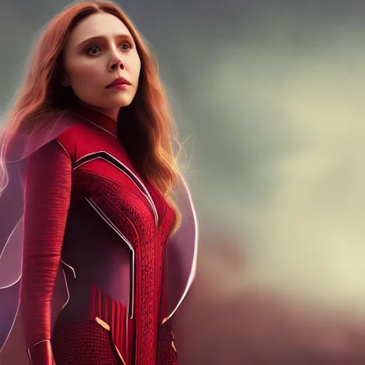 Image similar to movie still of elizabeth olsen as scarlet witch rewriting the fabric of reality, photorealistic art style, fantasy aesthetic. full - body photography, comprehensive art, thorough details, intricate, artstation, cgsociety contest winner