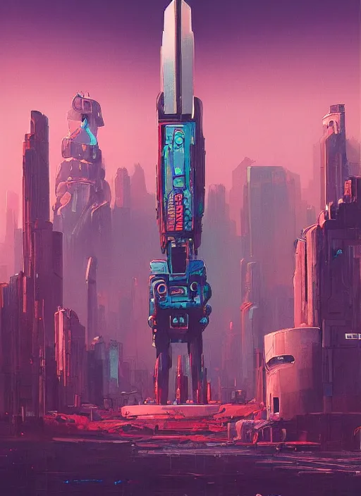Prompt: a painting of a giant robot standing in front of a city, cyberpunk art by beeple art by james jean, behance contest winner, nuclear art, dystopian art, apocalypse art, sci - fi