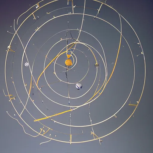 Image similar to a kinetic sculpture of this solar system, sun, orrery, canon 5 d 5 0 mm lens, papier - mache, studio, circa 3 0 6 0