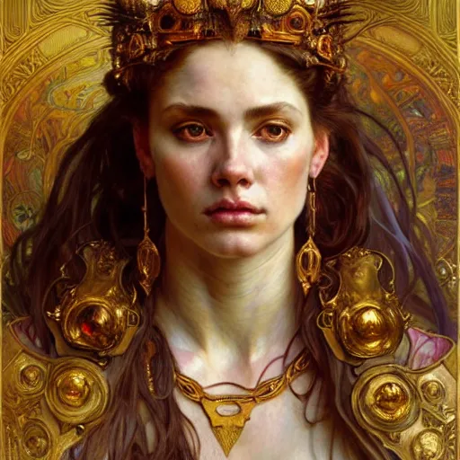 Prompt: highly detailed portrait of a majestic lioness queen in the form of a beautiful woman. d & d. art by donato giancola, eugene delacroix, ruan jia, carl larsson, alphonse mucha. trending on artstation, intricate details, energetic composition, golden ratio, concept art, illustration, elegant art, global illuminaition