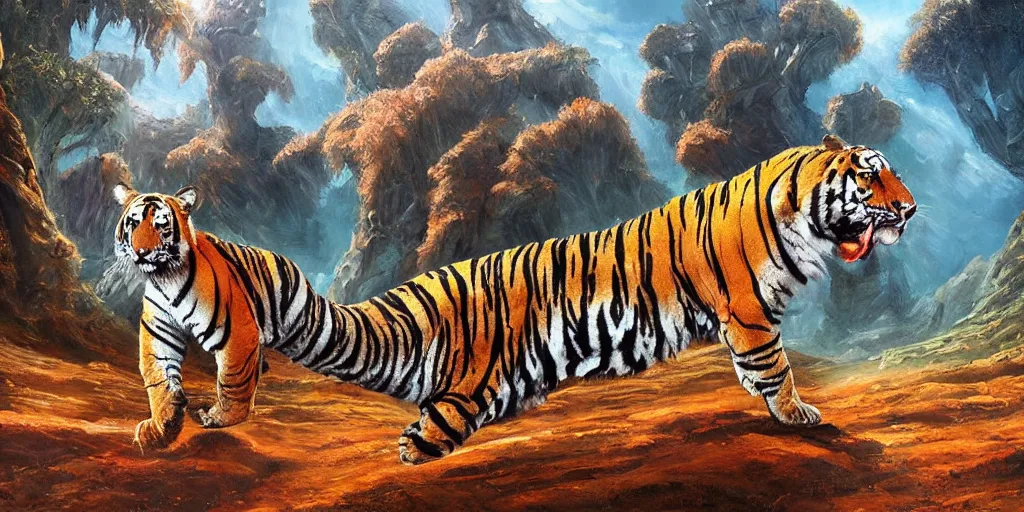 Prompt: alien landscape, bengal tigers, oil painting 8 k, trending on artstation, bob ross, really really good