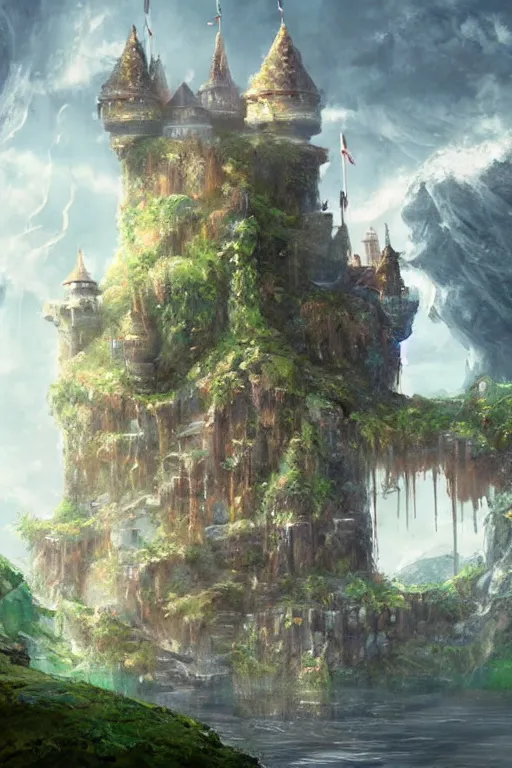 Image similar to a castle on a floating Island, fantasy, mystical, concept art, artstation