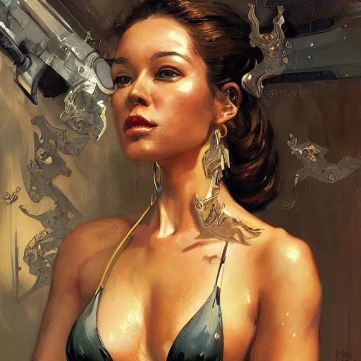 Image similar to highly detailed portrait of a female james bond, d & d. wearing a bikini, art by donato giancola, eugene delacroix, ruan jia, carl larsson, peter mohrbacher. trending on artstation, intricate details, energetic composition, golden ratio, concept art, illustration, elegant art, global illuminaition