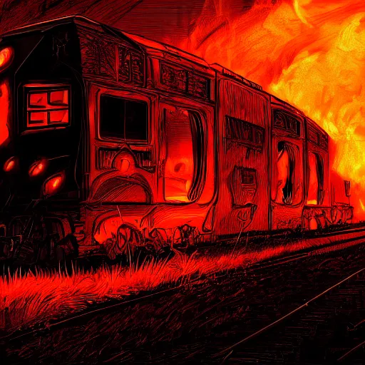 Image similar to A train in hell, digital art, dark, scary, detailed, trending on Artstation, hdr, 4k, hellish, satanic, cyberpunk, sci fi