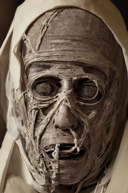 Image similar to mummified pope in his throne at the vatican, desiccated, close - up portrait, tall pontiff hat, mitre, dark, moody, ornate, hyper realistic, sharp focus, highly detailed