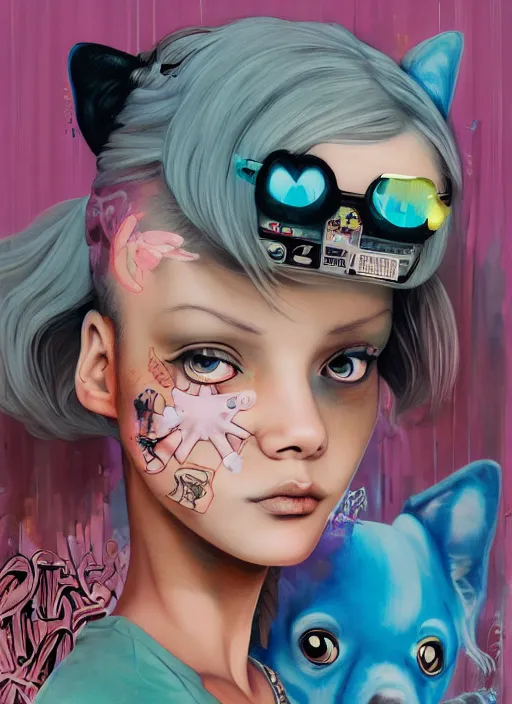 Prompt: beautiful portrait painting of a hiphop lofi cyberpunk princess girl and her corgi chilling to Lofi hiphop, by Afarin Sajedi, Alessandro Barbucci, Alex Gross, WLOP, Shohei Otomo, Josan Gonzalez, Kieron Gillen. trending on Artstation, 8k, masterpiece, face enhance, graffiti paint, fine detail, full of color, intricate detail, golden ratio illustration