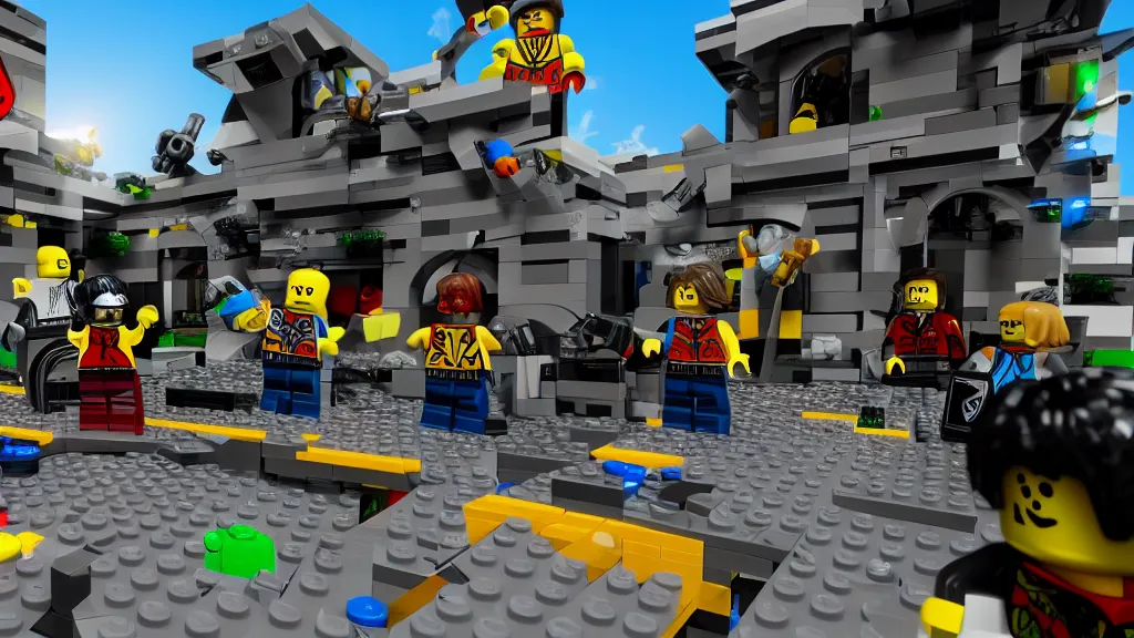 Image similar to lego first-person shooter in game screenshot, bright, serious, high contrast, unreal engine 5