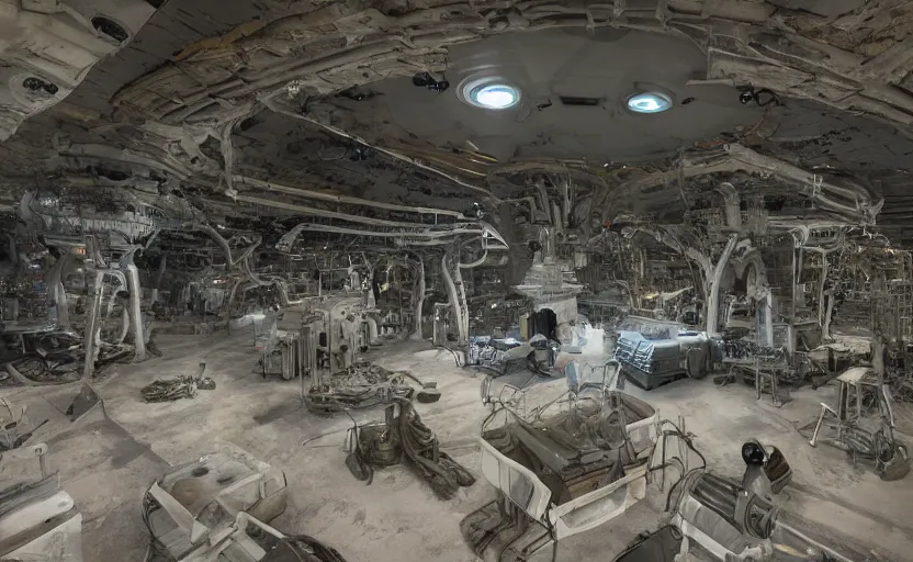 Prompt: a digital photo showing the inner working of an alien workshop, taken in a secret underground military base. alien grey. top secret. dumb. deep underground military base. 4 k