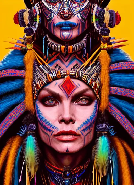 Prompt: portrait of michelle pfeiffer, hyper detailed ultra sharp aztec shaman warrior. trending on artstation, warpaint aesthetic, bloodwave, colorful, psychedelic, ornate, intricate, digital painting, concept art, smooth, sharp focus, illustration, art by artgerm and greg rutkowski and h. r. giger, 8 k